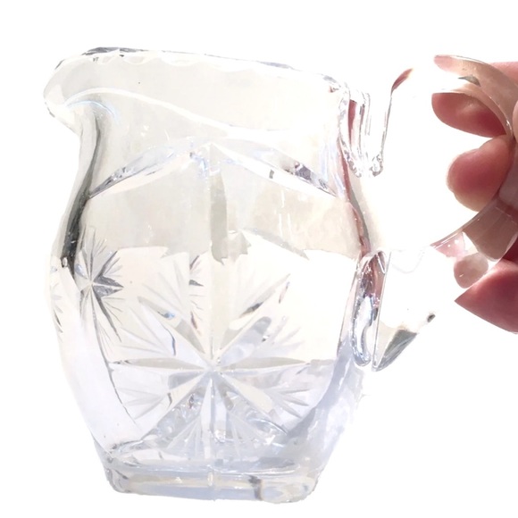 Vintage Carved Crystal Creamer Sugar Bowl and Tray Set Stars Flower Glassware - Picture 3 of 9